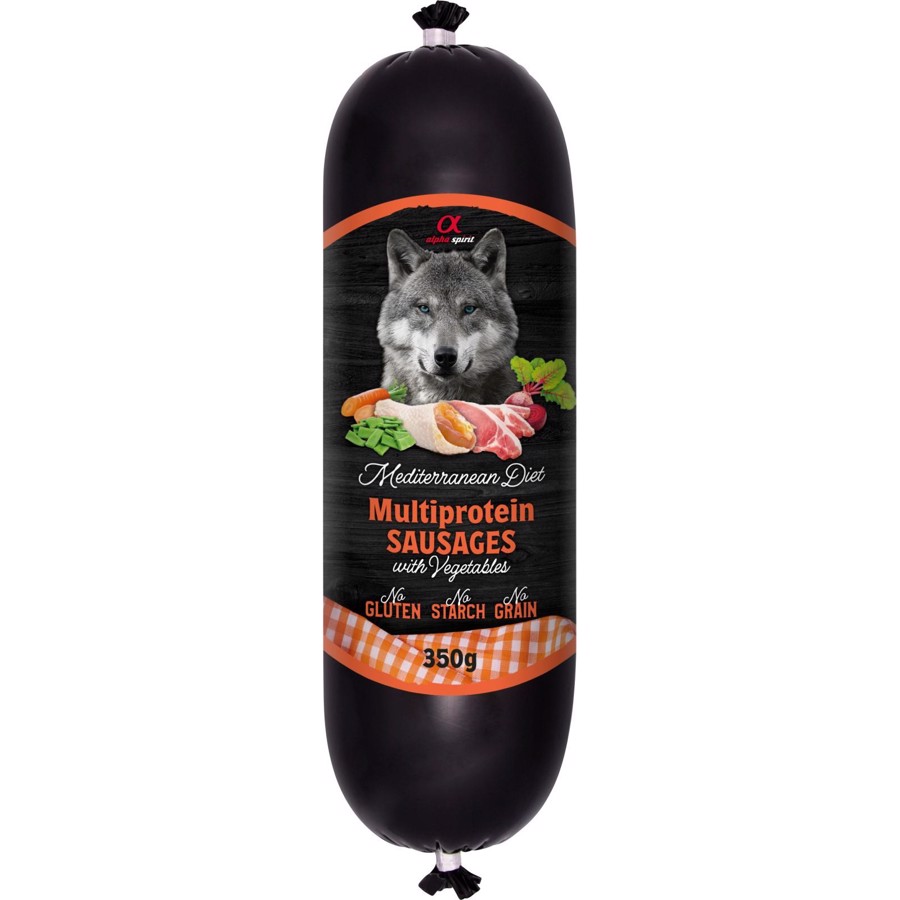 Se Alpha Spirit Multiprotein Sausage with Veg, 350g - KORT DATO hos MyPets.dk