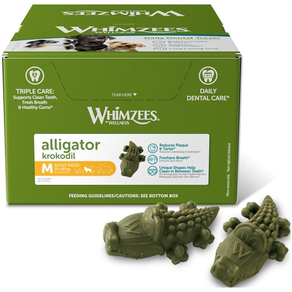 Whimzees Alligator Dental Stick Medium, kasse med 65 stk