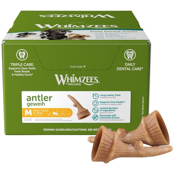 Whimzees Antler Dental Treat Medium, kasse med 66 stk