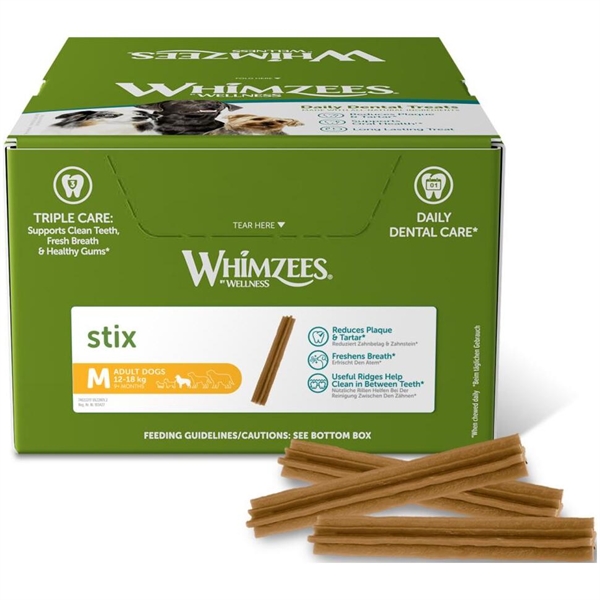 Whimzees Stix Dental Treat Medium, kasse med 100 stk