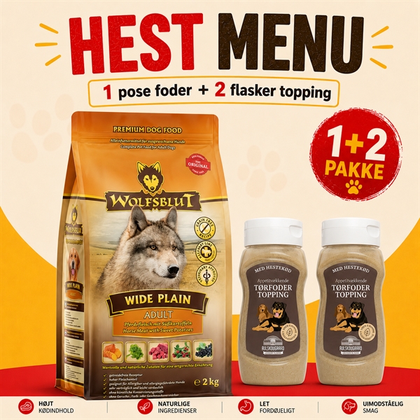 Menu til kræsne hunde - Wolfsblut hundefoder & Avlskovgaard topping med hest