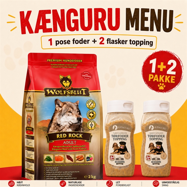 Menu til kræsne hunde - Wolfsblut hundefoder & Avlskovgaard topping med kænguru