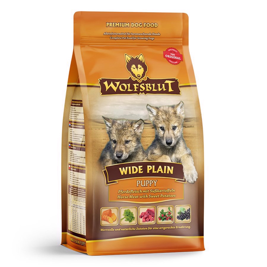 Se Wolfsblut Wide Plain PUPPY, med hest, 500g hos MyPets.dk