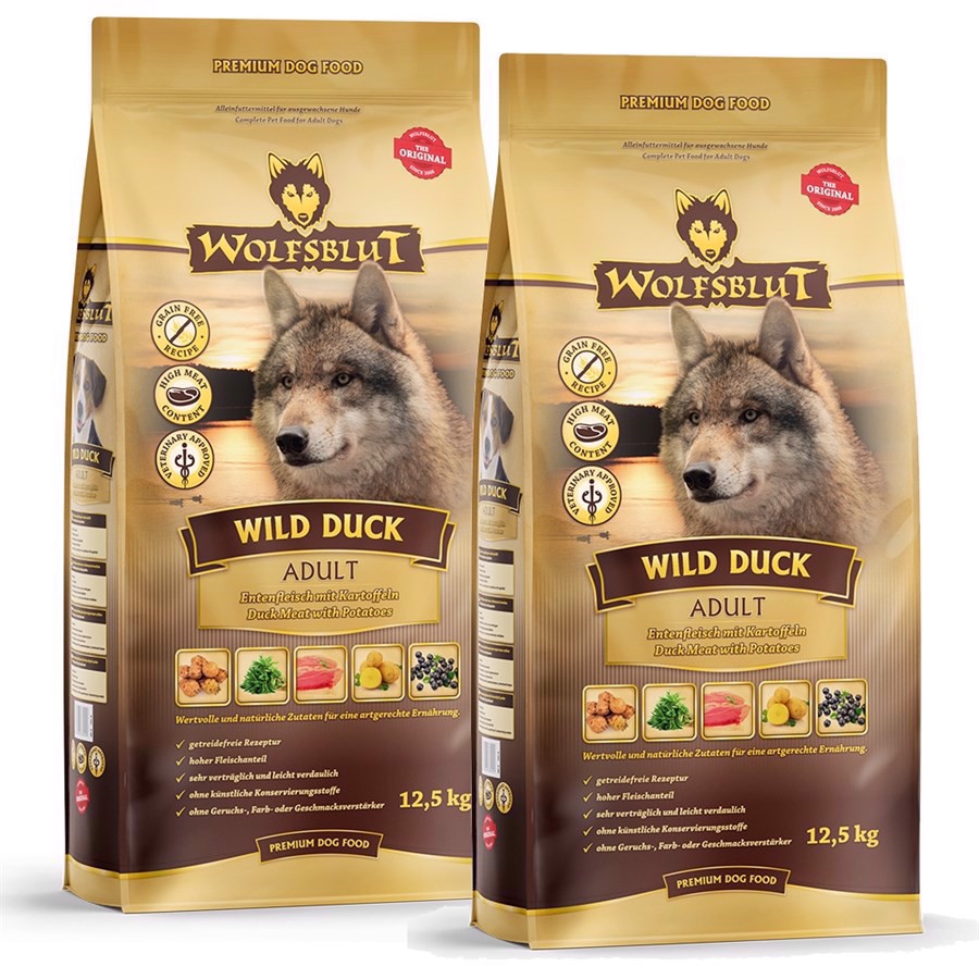 Se 2 x 12.5 kg. Wolfsblut Wild Duck Adult storkøb rabat hos MyPets.dk